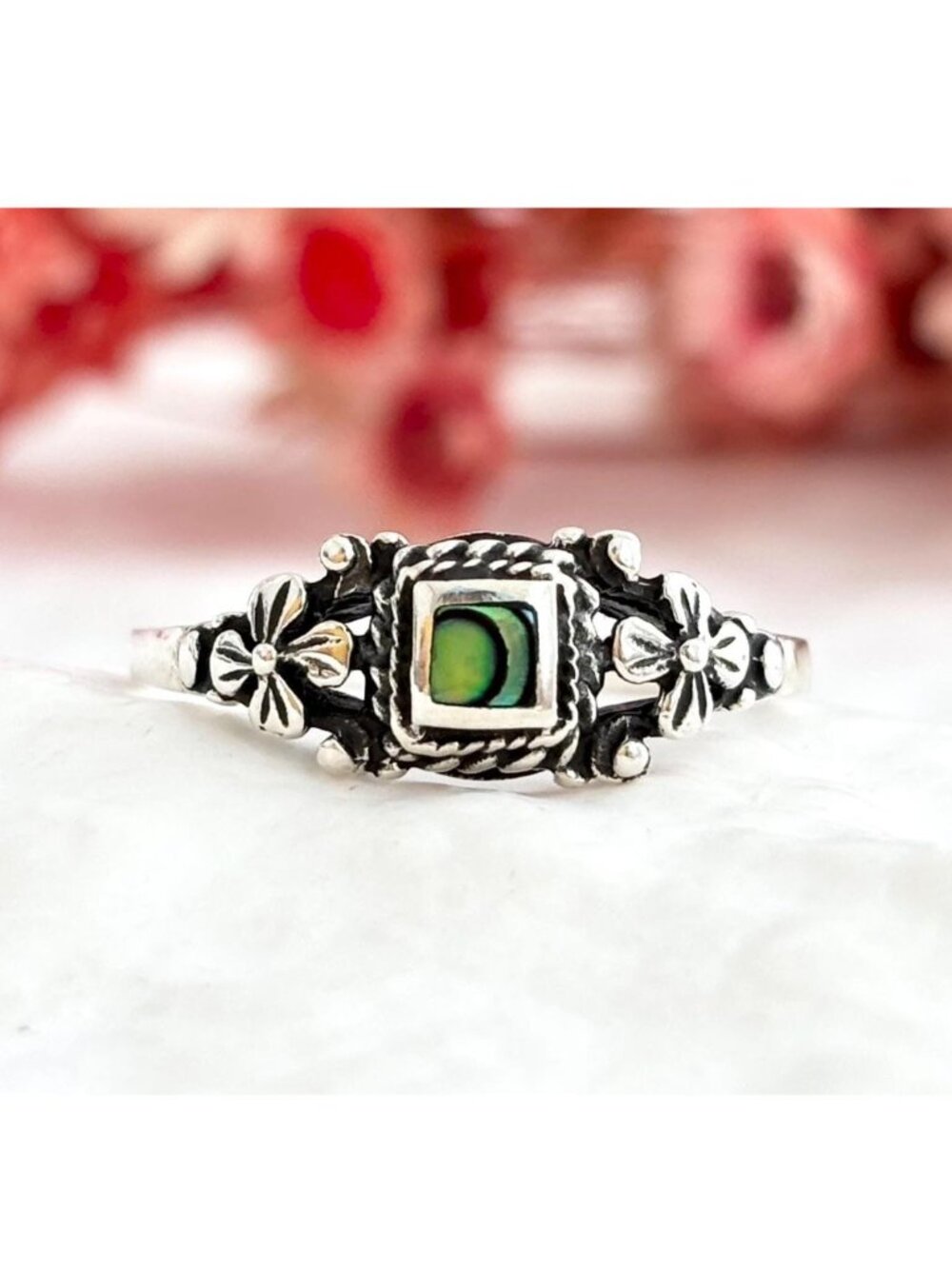 Abalone Floral American Southwest Sterling Silver 925 Vintage Ring - sz 7.75